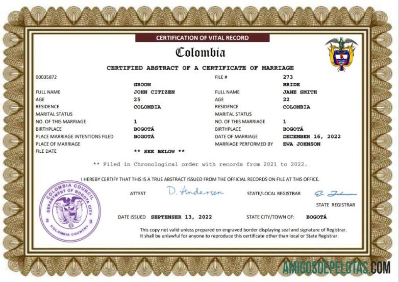 Em branco modelo Word e PDF de certidão de casamento na Colômbia